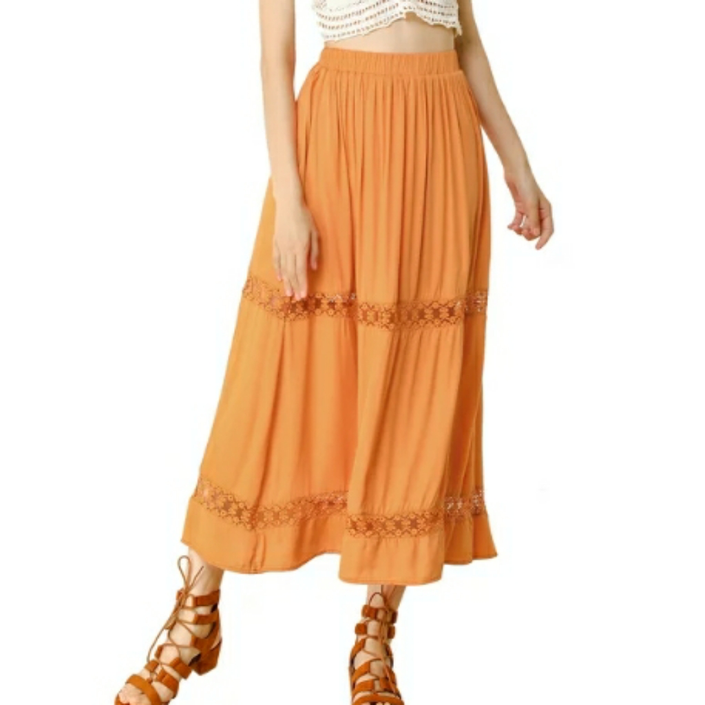 Nwt Allegra K Pumpkin Spice Colored Boho Midi Skirt With Lace Insets Size S